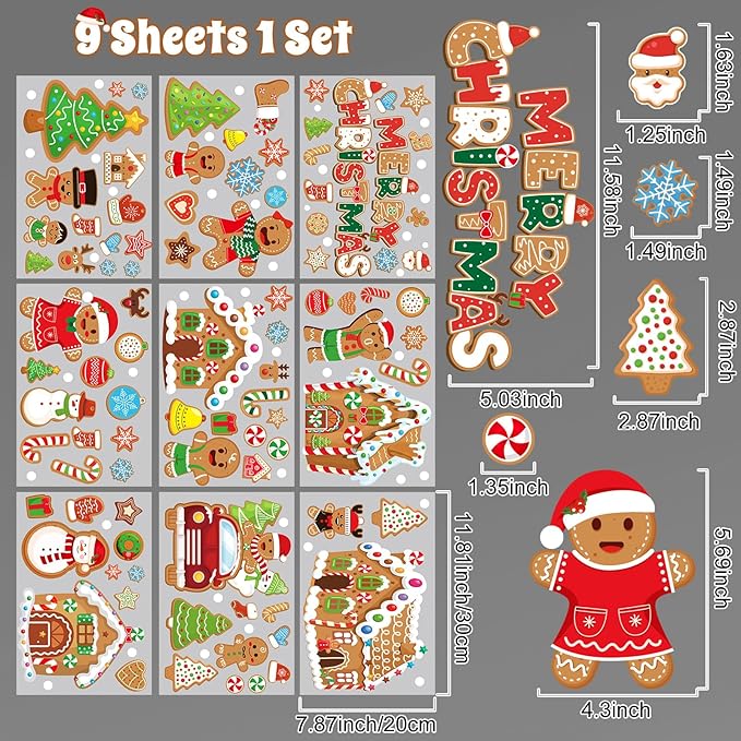9 Sheets Christmas Gingerbread Man Window Clings Candy House Window Decorations Stickers Merry Christmas Door Seasons Decals for Holiday Xmas Home Kitchen Living Room(Gingerbread)
