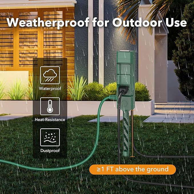 BN-LINK 15ft Outdoor Extension Cord Waterproof with Power Stake, 6-Outlet Power Strip Weatherproof, 14/3 SJTW Heavy Duty Power Cord for Outdoor String Lights and Christmas Decorations, ETL
