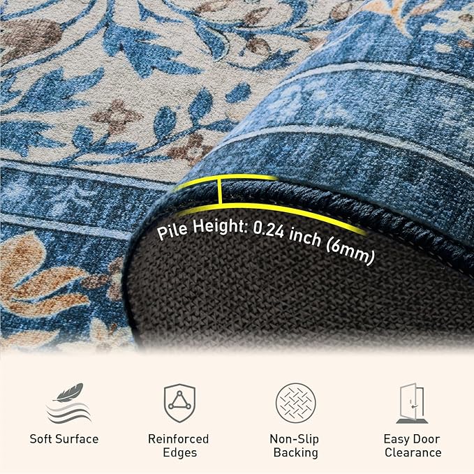 Woaboy Washable 8x10 Area Rug for Living Room Bedroom Dining Room Under Kitchen Table,Non-Slip Low Pile Stain Resistant Soft Large Carpet for Vintage Floral Oriental Home Decor Blue