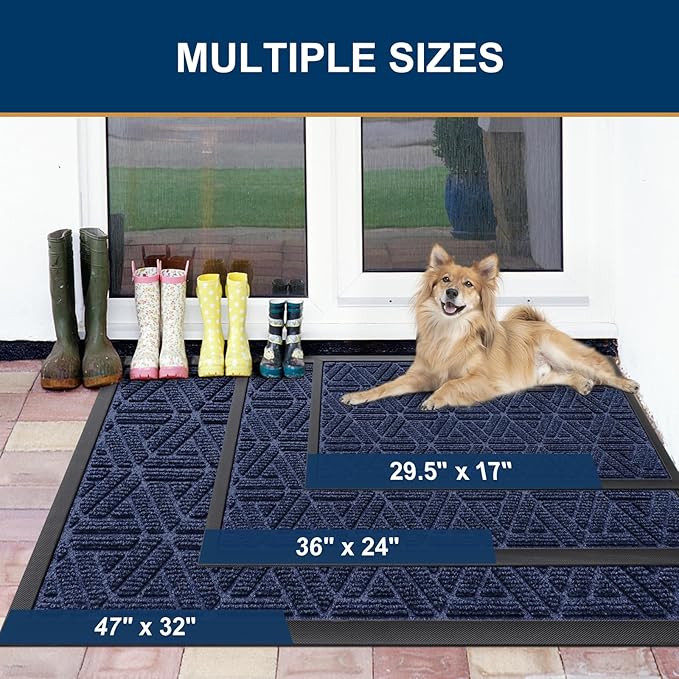 Smiry Front Door Mat Outside Entrance, Heavy Duty Sturdy Natural Rubber Doormat, Trap Dirt and Moisture, Easy Clean Low Profile Mats for Indoor Outdoor Entry, Grid Geometric (47x23, Navy Blue)