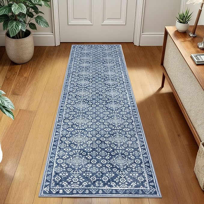 Vintage 2x7 Runner Rug, Denim Blue White Washable Runners for hallways, Super Soft Kitchen Runner Rug Non Slip, Print Faux Wool Floral Thin Carpet Runner for Entryway Indoor Bedside Runner