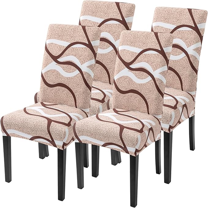 SearchI Dining Room Chair Covers Set of 4, Stretch Printed Parsons Chair Slipcovers Super Fit Spandex Removable Washable Kitchen Chair Protector Cover for Dining Room, Hotel, Ceremony (Khaki)