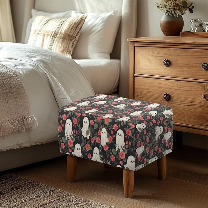 Halloween Rose Ghost Ottoman Cover - Scary Print Stretch Slipcover with Non-Slip Elastic Bottom, Fits Rectangular Storage Footstools, 33x30x15 Inch Holiday Party Decor
