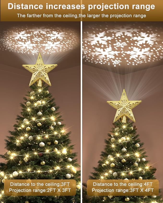 Christmas Tree Topper Star Lighted with Warm Christmas Light Cord, Built-in 6 Projected Patterns, 3D Glitter LED Rotating Lights for Party Holiday Xmas Decorations Gifts (Glod)