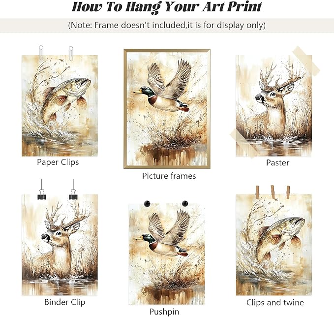 Vintage Animal Wall Art Baby Boy Room Canvas Wall Decor Farmhouse Animal Posters Kids Nursery Hunting Art Prints Rustic Deer Fish Pictures Mallard Duck Painting for Bedroom 16x24 Inch Unframed 3pcs