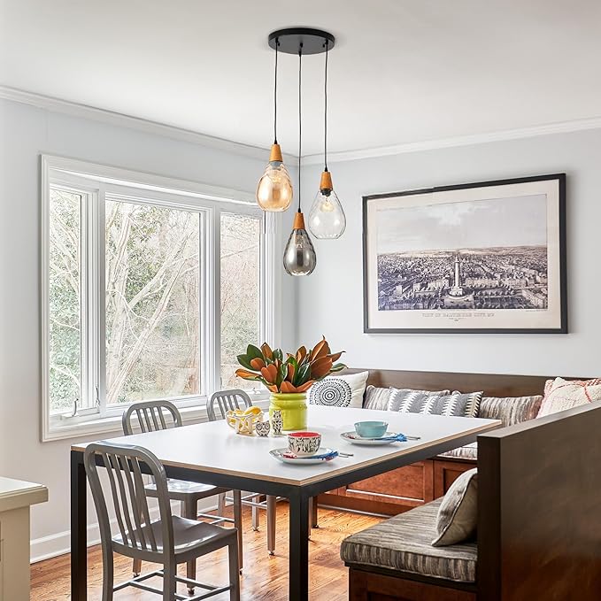 Modern Glass Pendant Light Fixtures, 3 Lights Hammered Glass Pendant Lights, Vintage Cluster Pendant Light in Matte Black Finish, Hanging Lamp for Dining Room Kitchen Sink Foyer Cafe Bar