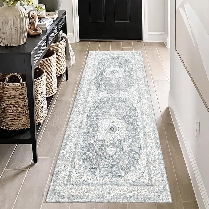 Washable Runner Rug 2x6,Grey Rug Runners Non Slip,Long Boho Rugs for Hallways Kitchen Bedroom Entryway Living Room Bathroom,Vintage Bohemian Distressed Floor Carpet,Floral