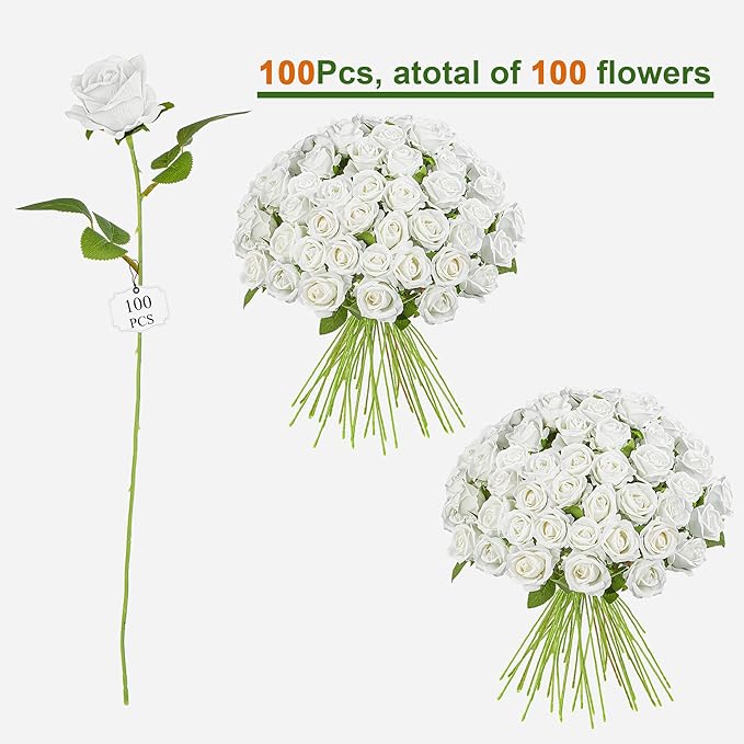 Artificial Flowers Roses Touch Fake Rose Bouquet Flower Stem for Wedding Centerpieces DIY Wreath Home Decorations Silk Roses Mothers Party Fake Outdoor Flowers Decor19.6“ (White 100PCS)