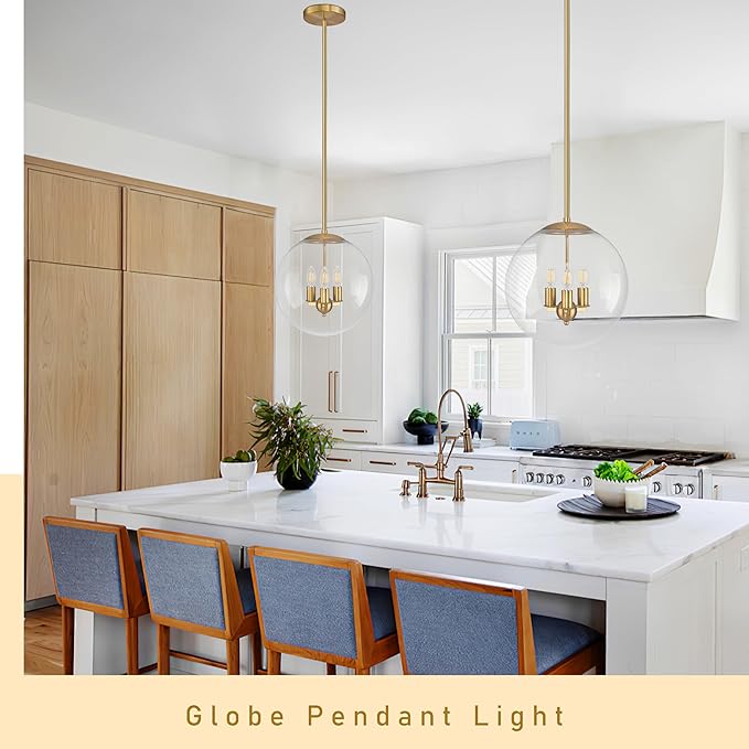 13.7" Globe Pendant Light Contemporary Globe Pendant Lights Kitchen Island 3 Light Gold Mid Century Pendant Light Clear Glass with Brass Finish Adjustable Hanging Light Fixture for Dining Room