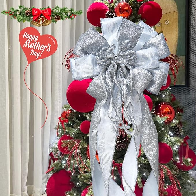 Christmas Tree Topper Bow, 43" Christmas Wreath Bows Silver and White Ribbon Ornaments with Tassels Snowflakes and Glitter, Home Decor for Holiday Xmas Decoration Home Parties Wedding Gift