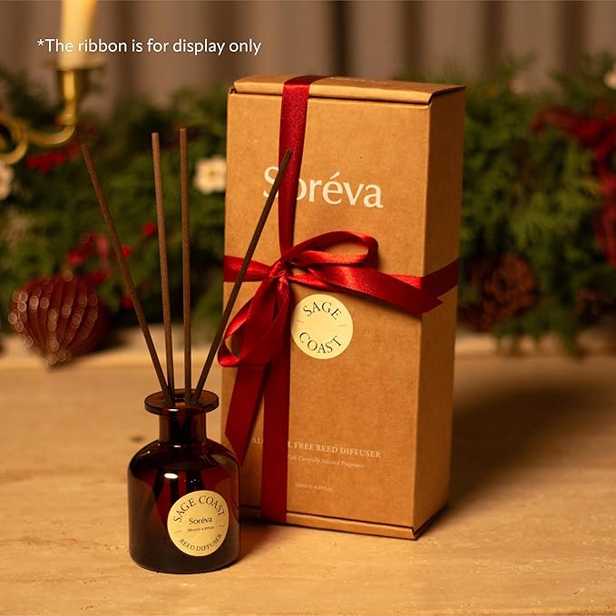 Soréva Plant-Based Reed Diffuser Set, Coastal Sage and Sea Salt Breeze, Serene Aromatherapy for Mindfulness, Long Lasting, Alcohol Free, Set, 7 Sticks, 4.39 fl oz