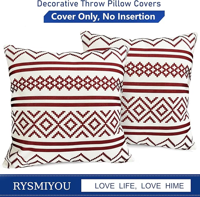Decorative Throw Pillow Covers Set of 2 Wine Red Boho Pillow Covers 16x16 Inch Throw Pillow Cover Linen Pillowcase Modern Farmhouse Outdoor Pillow Covers for Couch Sofa Bed Living Room