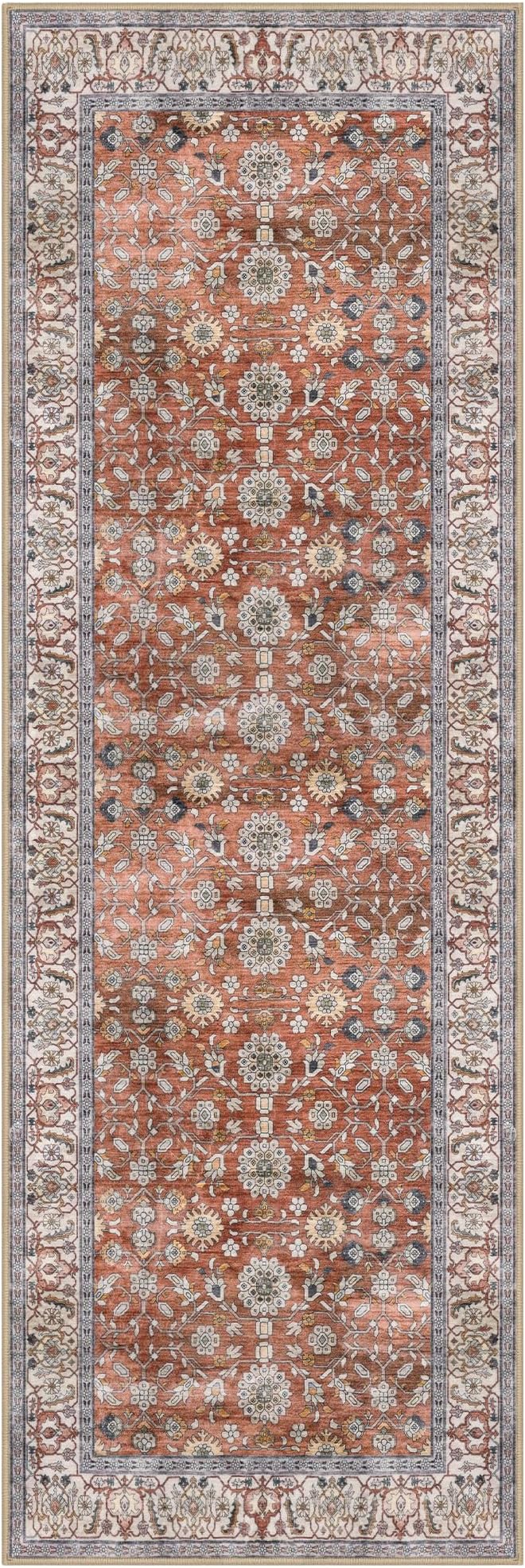 KUTA Runners for Hallways 2x6, Vintage Floral Rug Non-Slip Washable Kitchen Rugs Terracotta Ultra Thin Soft Printed Retro Distressed Flower Carpet Entryway Rugs for Bedroom Laundry Nursery