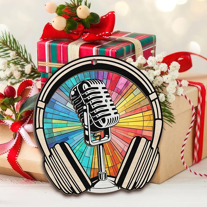 GEEMBI Christmas Microphone Ornament - Suncatcher Microphone Christmas Ornaments 2025 for Tree Decorations - Music Teacher Gifts for Men Women Musicians Friends, Music Ornaments, Stocking Stuffers