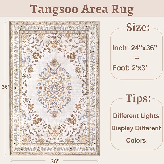Tangsoo 2x3 Small Rug for Entryway, Washable Area Entry Rugs Non Slip, Persian Neutral Low Pile Soft Area Rugs, Indoor Front Door Boho Throw Rug for Entrance Kitchen Bedroom Bathroom Home Decor