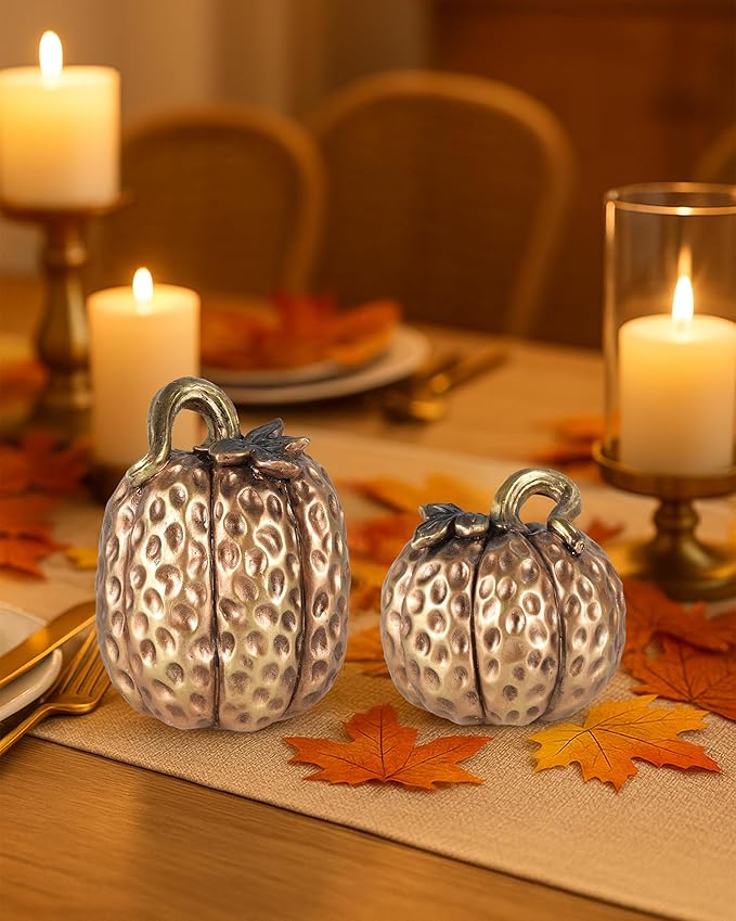 Gold Resin Pumpkin Figurines Set of 2 – Textured Fall Harvest Decorations for Table Centerpiece Thanksgiving Décor, Autumn Home Accents (Gold)