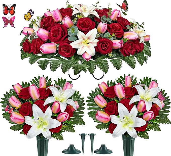 Artificial Cemetery Flowers – Realistic Silk Flower Outdoor Grave Decorations,Headstone Flower Saddle, Non-Bleed Colors, and Easy Fit - Pink Tulip,White Lily and Red Rose