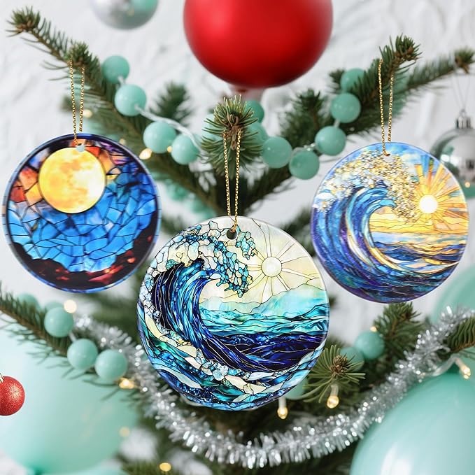 Christmas Ornaments, Dodosky 2.8in Ceramic Ocean Waves Ornament, Xmas Decor, Christmas Tree Ornaments, Xmas Decorations for Tree, Holiday Ornament, Beach Lover Gift, Gifts for Friends Family