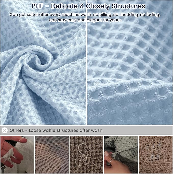 PHF Pre-Washed Cotton Waffle Weave Blanket Throw Size for Couch Bed,Snag Proof Spring Summer Lightweight Breathable,Oeko-TEX Certified,Machine Washable, Home Decor Gift，Sky Blue/Baby Blue