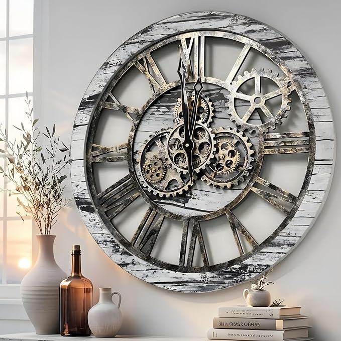 ImprovingLife The Gears Clock The Original Real Moving Gear Wall Clock Vintage Industrial Oversized Rustic Farmhouse (24 inch (60cm), Vintage Grey and White)