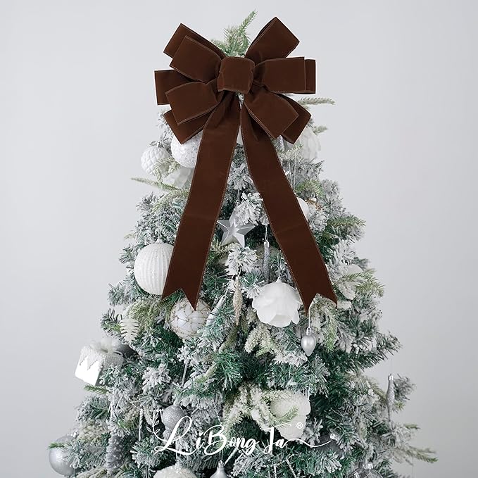 13" Brown Velvet Christmas Tree Topper Bow, Premade, 13" x 20"