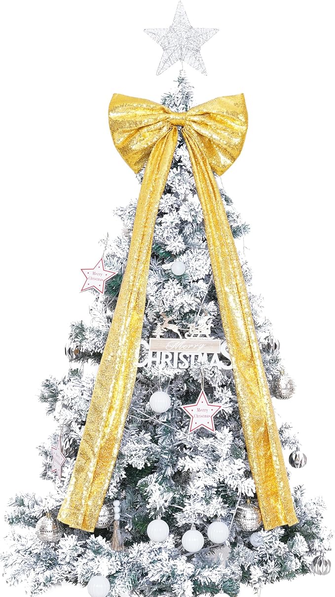 PartyDelight Christmas Tree Topper Bow Decor Gold Sequin Large Bow 16x47 Inchs Ribbon Tie for Xmas Birthday Party Room Decorations Coquette Backdrop Wall Decors