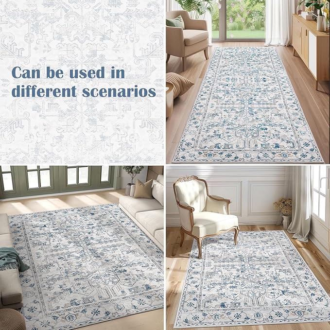 jinchan Lima Kitchen Runner Rug 3x10 - Vintage Floral Machine Washable Non-Slip Hallway Runner Rug with Rubber Backing Ultra-Thin Carpet for Bedroom Laundry Room Farmhouse (3x10ft, Blue)