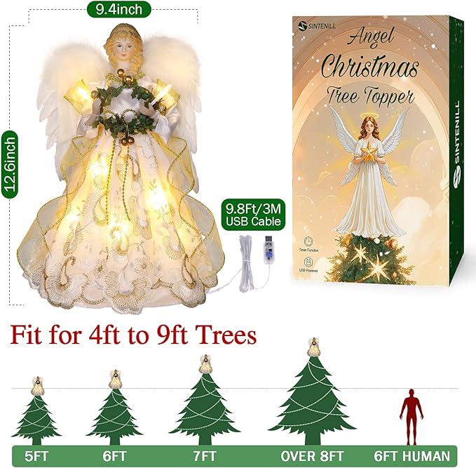 12.5" Angel Christmas Tree Topper with Lights, Lighted Angel Tree Topper with White Feather Wings and Garland, Remote Control, Timer & USB Powered for Indoor Holiday Decoration
