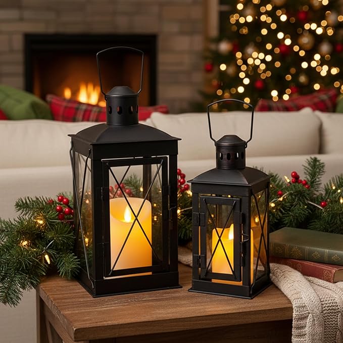 TRIROCKS Set of 2 Decorative Candle Lantern 12'' & 8'' High Metal Candle Holder Hanging Lantern Perfect for Home Decor Patio Living Room Parties Events Tabletop Indoors Outdoors (Black)