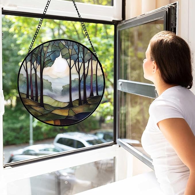 Stained Glass Window Hanging, Green Brown Smoke Forest Moon Suncatcher for Doors Window Home Tree Sun Catchers Decor Mother's Day Birthday Gifts for Women, Men Mom 6.3 in