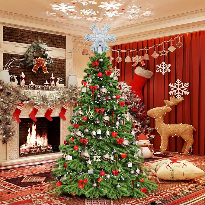 Christmas Snowflake Tree Topper with Rotating LED Projector, 3D Glitter Snowflake Plug-in Tree Top Ornament for Indoor Christmas Tree Decorations Holiday Decor