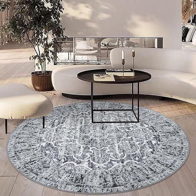 KUTA Vintage Round Rugs 5ft, Grey Blue White Washable Circle Rug 5ft, Non-Slip Printed Medallion Carpet for Living Room, Soft Cozy Dining Kitchen Throw for Entryway