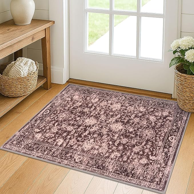 KILOCOCO Small Area Rug 2x3 Entryway Rugs Printed Vintage Red Floral Washable Rug Non-Slip Kitchen Rug Indoor Door Mat, Accent Throw Rugs for Laundry Room Bedside Entrance Holiday Decor