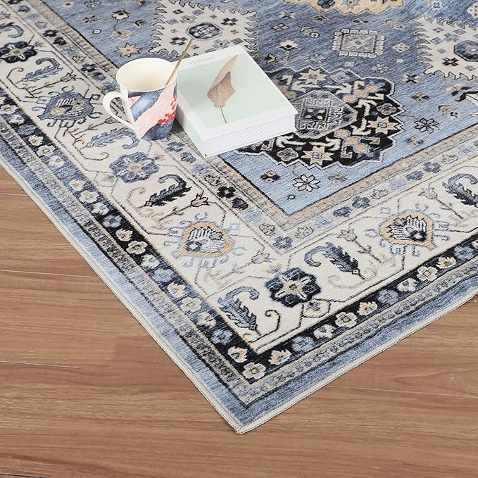 Dripex Vintage Washable Area Rug - 5x8 Distressed Rugs for Living Room Bedroom Oriental Medallion Floral Print Carpet Low-Pile Indoor Soft Non-Slip Accent Rug Farmhouse Office Home Decor