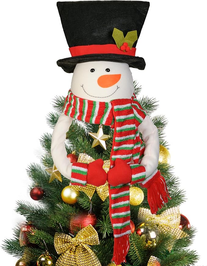 Christmas Tree Topper Snowman Top Hugger for Xmas Tree Holiday Decor Winter Wonderland Decoration New Year Ornament with Hat Shawl and Poseable Arms