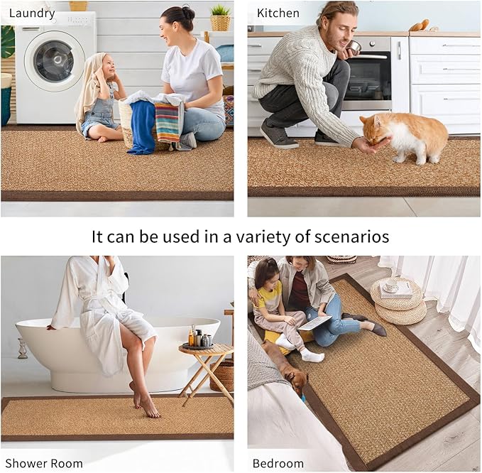 Kitchen Mats for Floor, Rubber Backing Kitchen Rugs Non Slip Washable, Super Absorbent Jute-Like Braid Kitchen Runner Rug Sink Mat Standing Mat, Easy to Clean, Brown 17"x30"