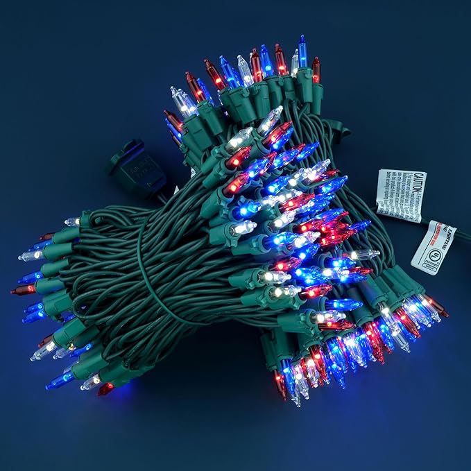 YULETIME 200 Red White & Blue Christmas Lights, Pack of 2 Sets 33 Feet 100 Count UL Certified Incandescent-Like String Lights