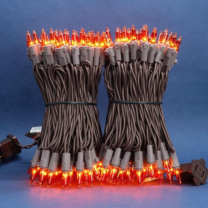 200 Count Orange Christmas Lights, Pack of 2 Strands 100 Count 33 ft Brown Wire UL Listed Halloween String Light (Orange)