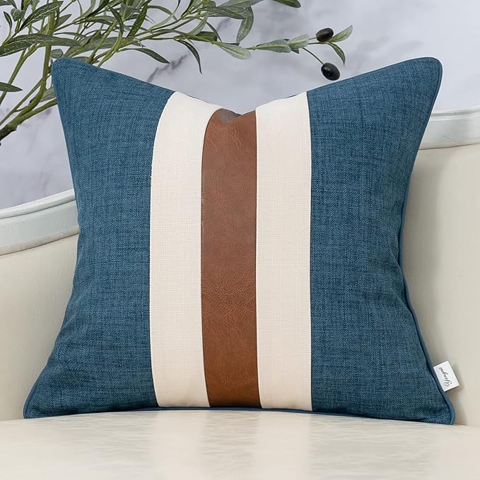 Yangest Patchwork Pillow Cover 20x20 Inch Luxury Cotton and Linen Cushion Cover Faux Leather Pillowcover for Couch Bedroom Living Room, Blue