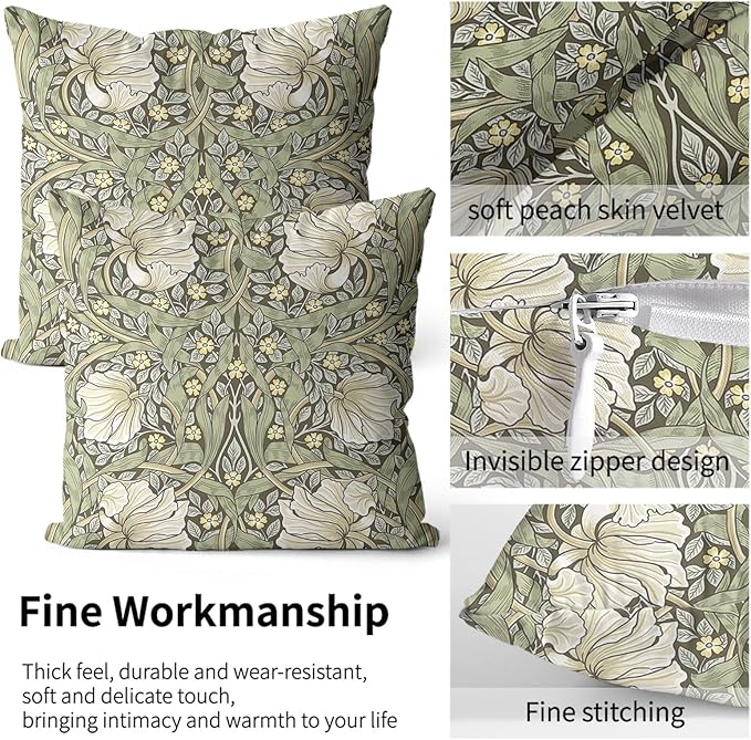 Green Botanical Pillow Covers 18x18 Inch William Morris Floral Print Pillow Protectors with Zipper Standard Size Vintage Rustic Nature Flowers Pillow Cases Midcentury Modern Bed Pillow Covers Set of 2