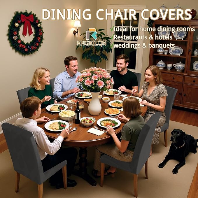 Chair Covers for Dining Room Set of 4, Washable Parson Chairs Slipcover Kitchen Seat Protector for Home, Party, Hotel, Banquet (Leaf Metallic Grey)