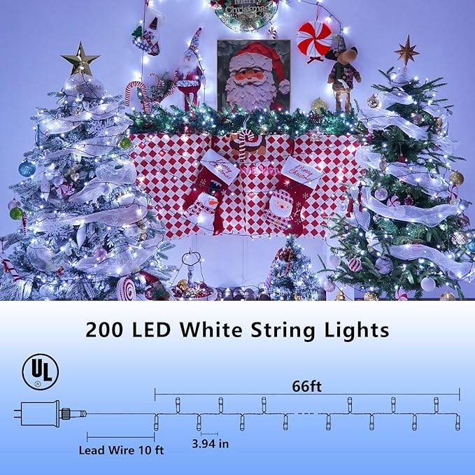 YEGUO 66ft 200 LED Christmas Lights Outdoor Waterproof, White Christmas Tree Light Indoor, Green Wire Twinkle String Light Plug in with Timer Memory 8 Modes