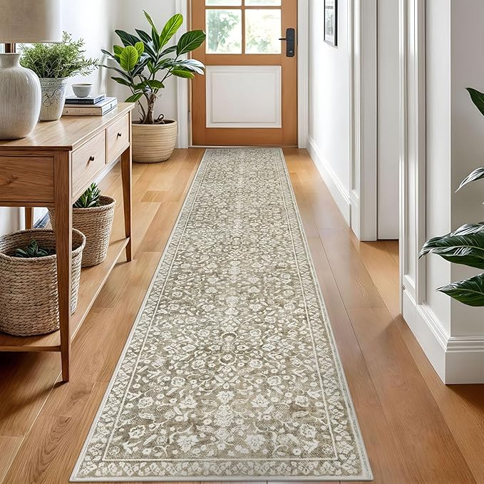 Vintage Runner Rugs for Hallway 2x10, Beige Taupe Washable Long Hallway Runner Rug Non Slip, Super Soft Kitchen Runner Rug, Print Faux Wool Floral Thin Carpet Runner for Entryway Bedroom