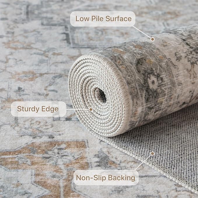 GENIMO 9x12 Area Rugs for Living Room, Non Slip Machine Washable Vintage Rugs, Low Pile Lightweight Chenille Print Large Rug for Bedroom, Dining Room, Home Office, Light Taupe Brown