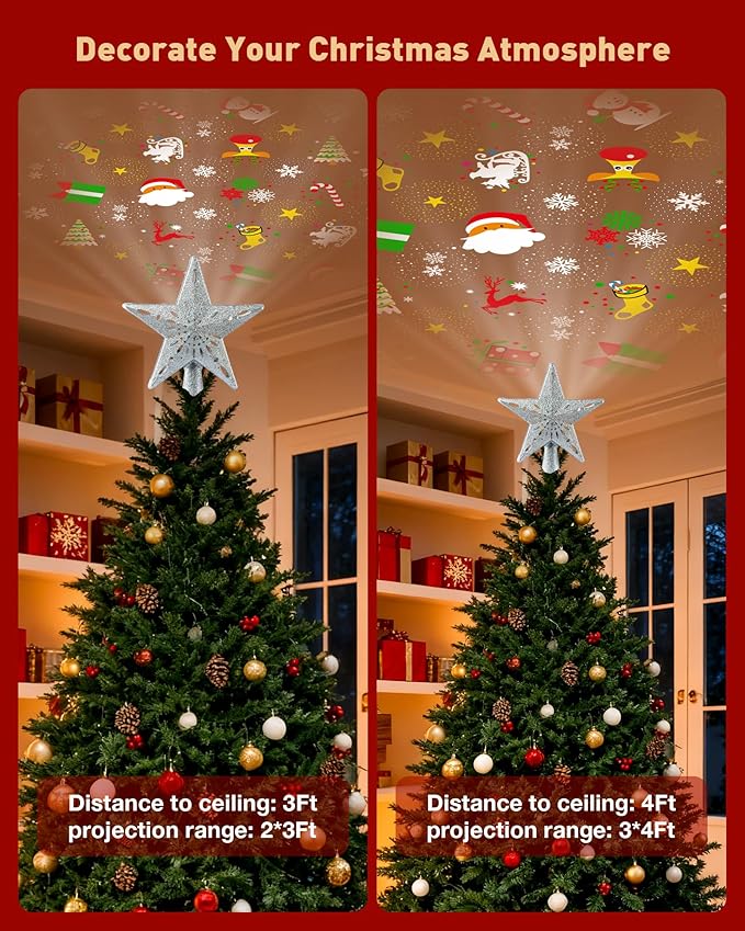 Christmas Tree Topper Lighted with 6 Patterns Projector, Christmas Star Tree Topper Built-in 3D Glitter LED Rotating Lights, Hollowed Christmas Tree Ornament for Xmas Party Holiday Decoration(Silver)