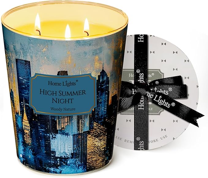 HomeLights High Summer Night Scented Candles | 34oz Soy Candles Industrial Chic 3-Wick Large Candle Jars | Ideal Candle Gifts for Events, Home Decor Stress, Relief & Relaxation