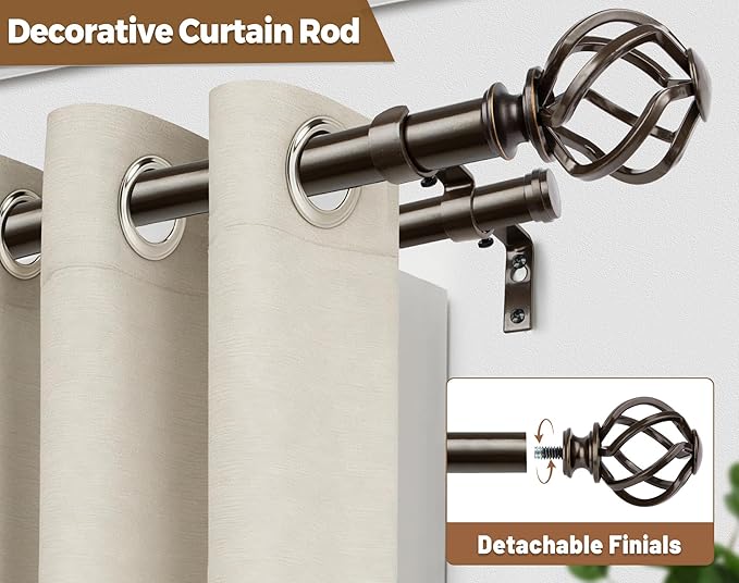 KAMANINA 1 Inch Double Curtain Rod 140 to 195 Inches (12-16 Feet), Antique Bronze Curtain Rods for Windows 60 to 191, Heavy Duty Telescoping Drapery Rods with Twisted Cage Finials