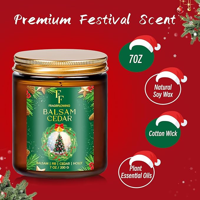 Christmas Candle, Balsam Cedar Scented Candles for Home, Holiday Candles Natural Soy Candle, Aromatherapy Candle 7 oz Jar Candles Christmas Gifts for Women Men