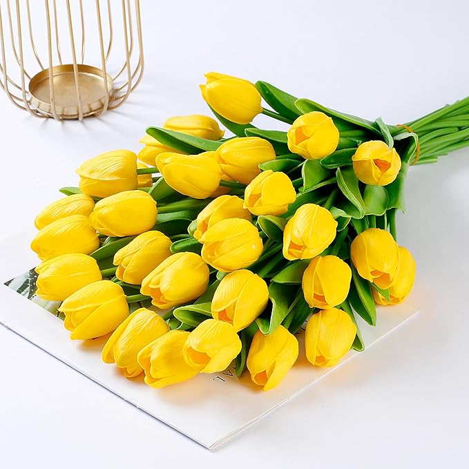 Sggvecsy 30 Pcs Fake Tulips Artificial Flowers Real Touch PU Faux Flowers Tulip Stems for Wedding Spring Bouquet Floral Arrangement Home Party Office Decorations for Mother's Day (Dark Yellow)
