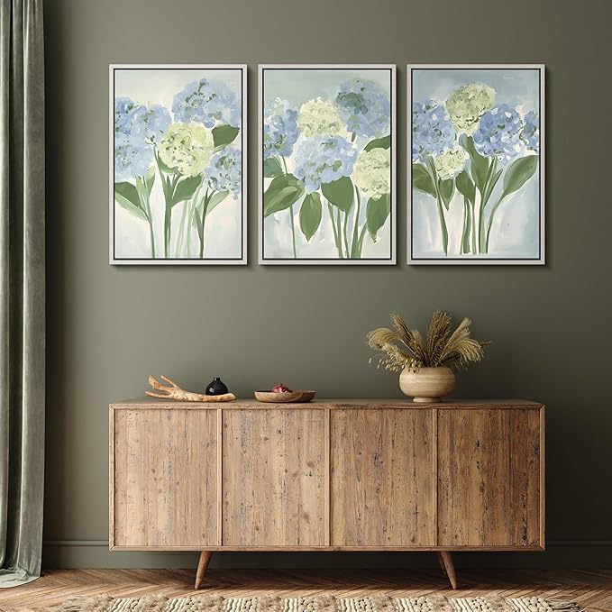 MUDECOR Framed Wall Art Print Set Blue Hydrangea Floral Botanical with Green Leaves Illustrations Modern Art Boho Decorative Colorful Chic for Living Room, Bedroom, Office - 24"x36"x3 White